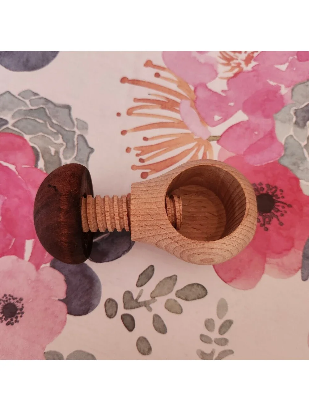 Handmade Wooden Mushroom Nutcracker Screw Style Folk Art Kitchen Tool